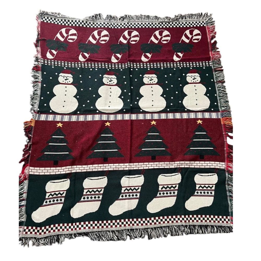 Snowman Woven Throw Blanket‎ Crown Crafts Candy Canes Christmas Trees Stockings